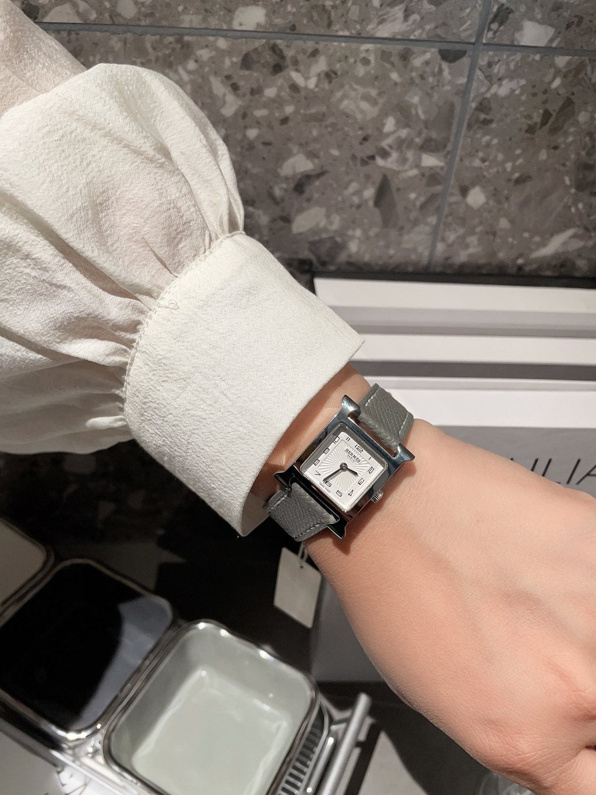 Hermès Black Silver White Dial Strap Watch — hero